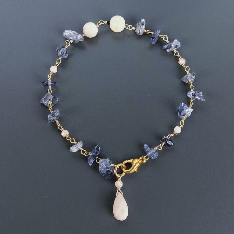 Bracciale Nodo Orafo Dorato Con Iolite E Opale Rosa Forme Miste Sfaccettato A Mano 1pz