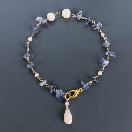 Bracciale Nodo Orafo Dorato Con Iolite E Opale Rosa Forme Miste Sfaccettato A Mano 1pz