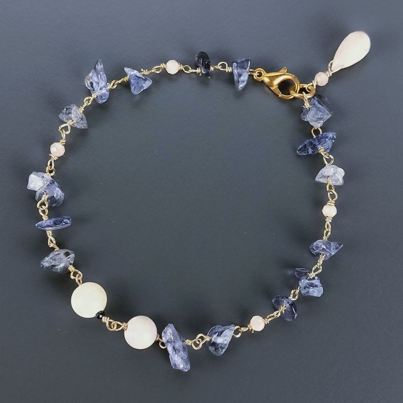 Bracciale Nodo Orafo Dorato Con Iolite E Opale Rosa Forme Miste Sfaccettato A Mano 1pz