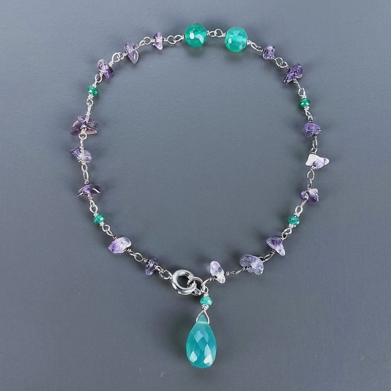 Bracciale Nodo Orafo Rodiato Con Ametista E Onice Verde Forme Miste Sfaccettato A Mano 1pz