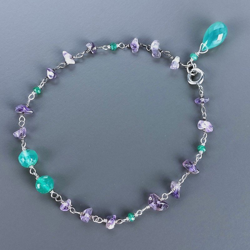 Bracciale Nodo Orafo Rodiato Con Ametista E Onice Verde Forme Miste Sfaccettato A Mano 1pz