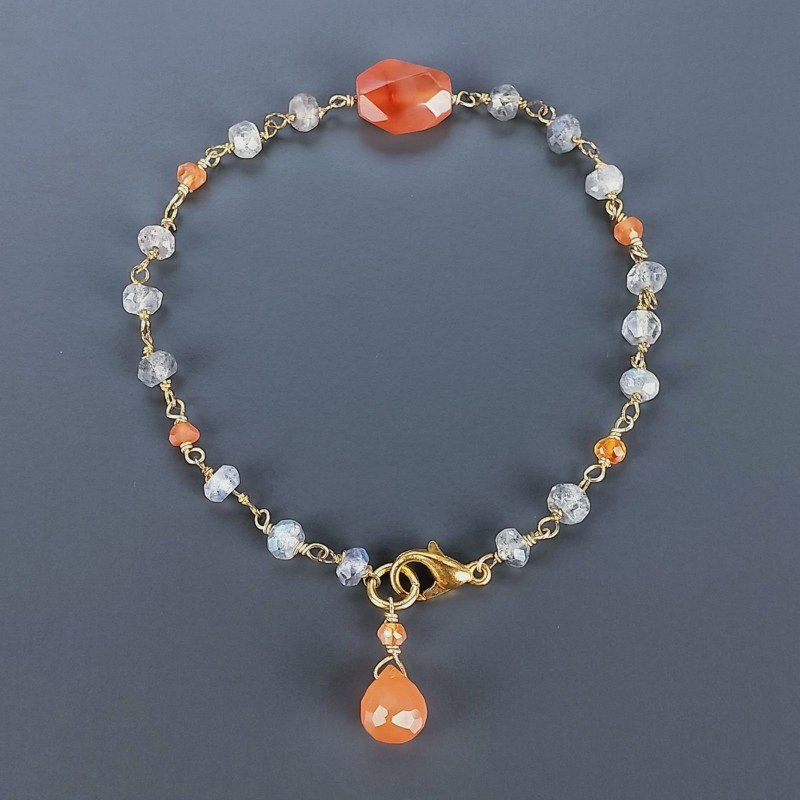 Bracciale Nodo Orafo Dorato Con Labradorite E Corniola Forme Miste Sfaccettato A Mano 1pz