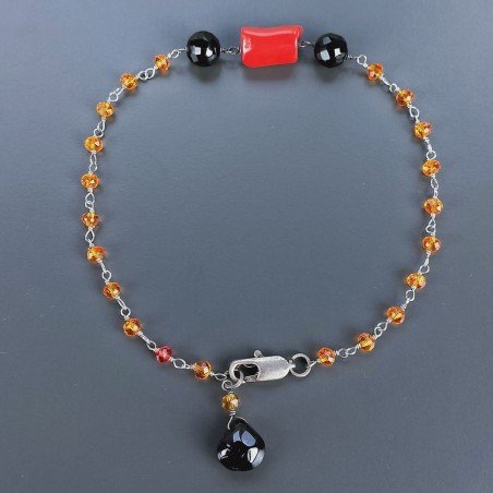 Bracciale Nodo Orafo Rodiato Con Zircone Arancione,Spinello Nero E Corallo Bamboo Forme Miste A Mano 1pz
