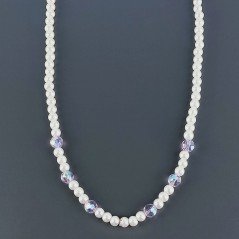 Collana Con Perle Di Maiorca E Cristallo Rosa Diamantato Tondo Sfaccettato A Mano 1pz