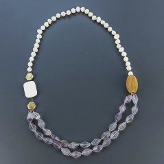 Collana Con Pietre Dure Fluorite A 2 Fili,Perle Di Fiume Annodate E Distanziatore In Ottone Dorato A Mano 1pz