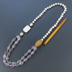 Collana Con Pietre Dure Fluorite A 2 Fili,Perle Di Fiume Annodate E Distanziatore In Ottone Dorato A Mano 1pz