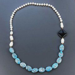 Collana Con Pietre Dure Aulite Turchese,Perle Di Fiume Annodate A Mano 1pz