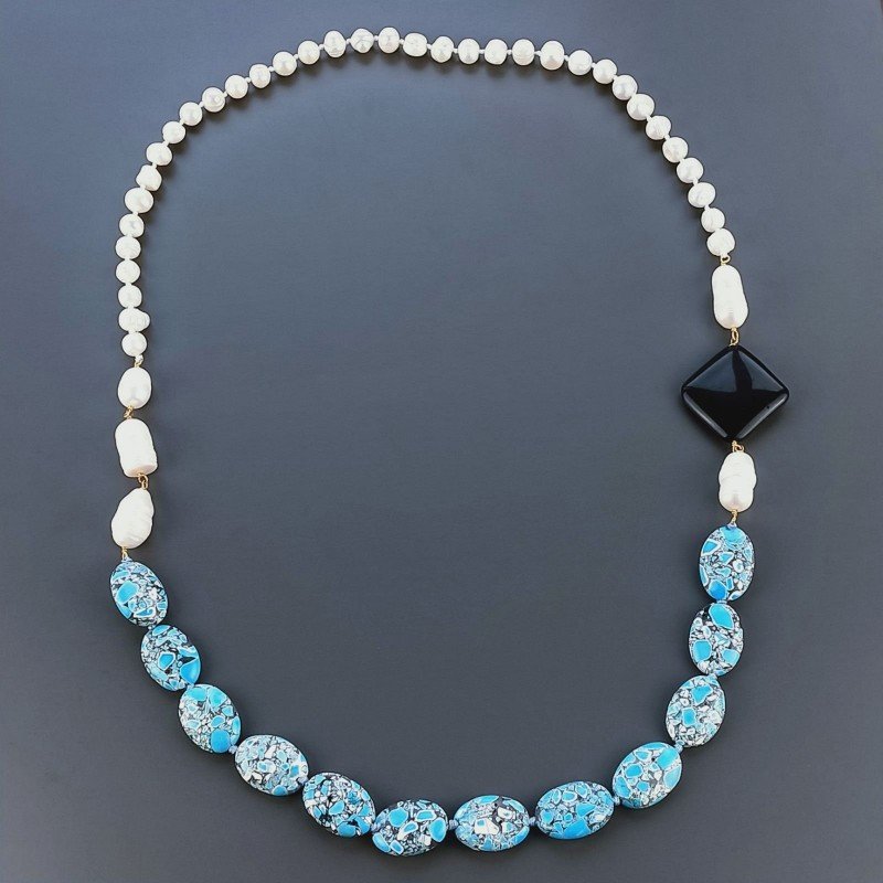 Collana Con Pietre Dure Aulite Turchese,Perle Di Fiume Annodate A Mano 1pz
