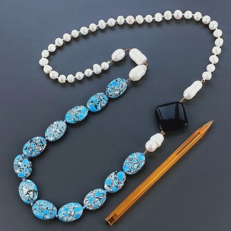 Collana Con Pietre Dure Aulite Turchese,Perle Di Fiume Annodate A Mano 1pz