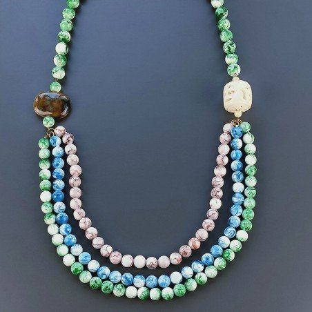 Collana Con Pietra Dure Resina Ambra 3 Fili,Osso Inciso Annodate A Mano 1pz