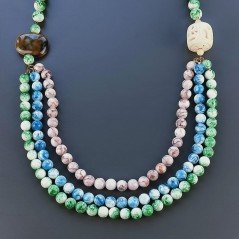 Collana Con Pietra Dure Resina Ambra 3 Fili,Osso Inciso Annodate A Mano 1pz