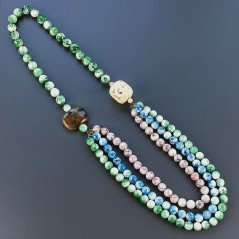 Collana Con Pietra Dure Resina Ambra 3 Fili,Osso Inciso Annodate A Mano 1pz
