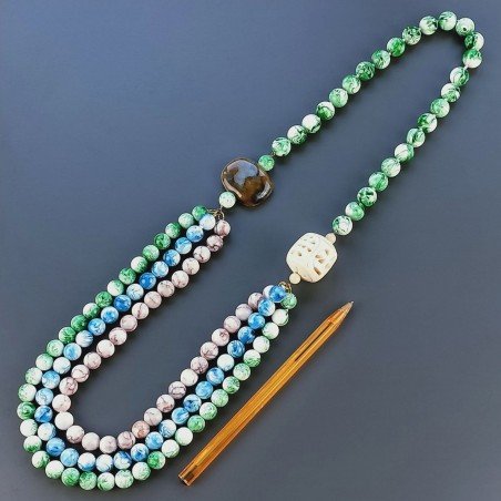 Collana Con Pietra Dure Resina Ambra 3 Fili,Osso Inciso Annodate A Mano 1pz