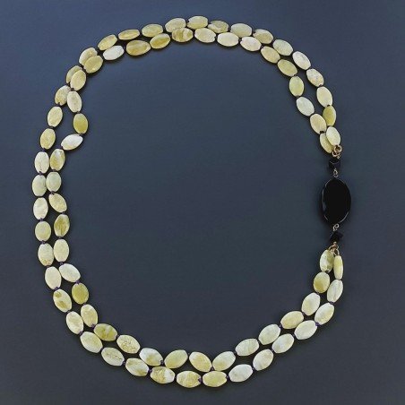 Collana Con Pietre Dure Giada Limone A 2 Fili E Onice Nera Annodate A Mano 1pz