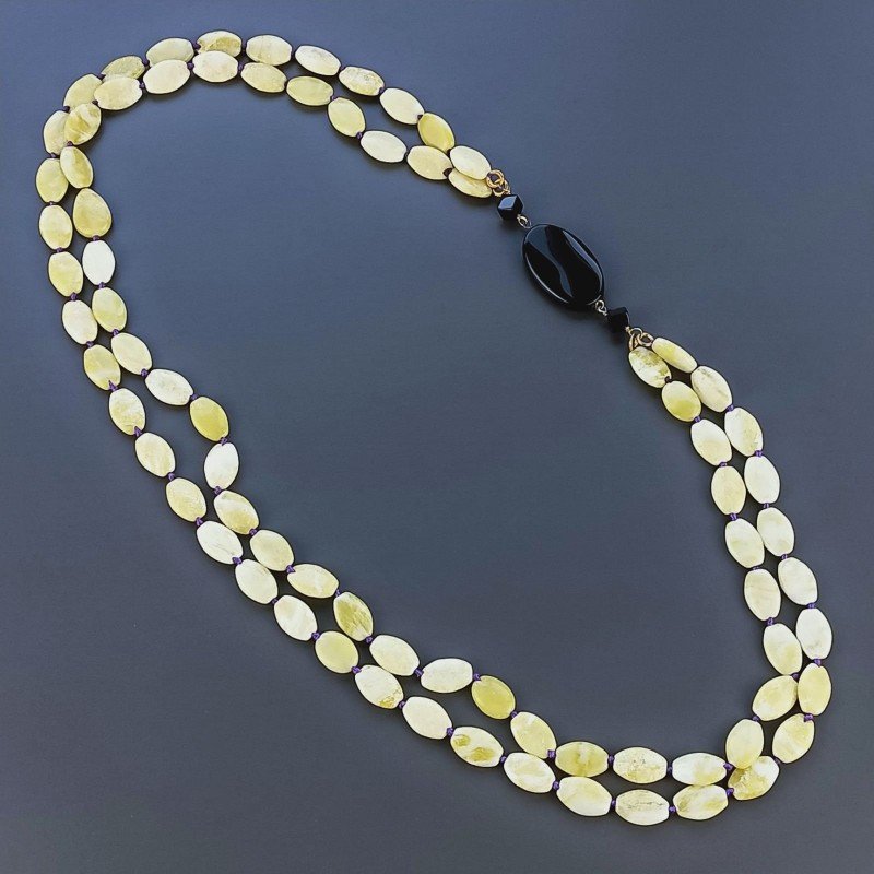 Collana Con Pietre Dure Giada Limone A 2 Fili E Onice Nera Annodate A Mano 1pz