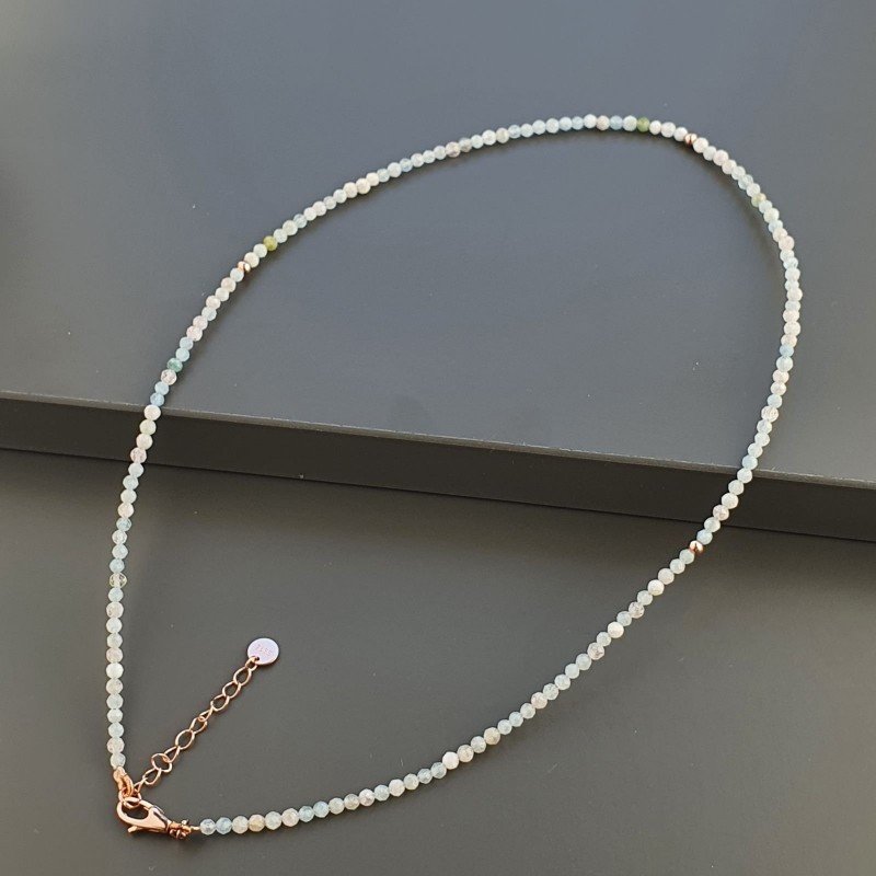 Collana Girocollo Con Acquamarina Morganite Multi Tondo Sfaccettato Diamond Cut 2mm E Chiusura In Argento 925-Oro Rosa