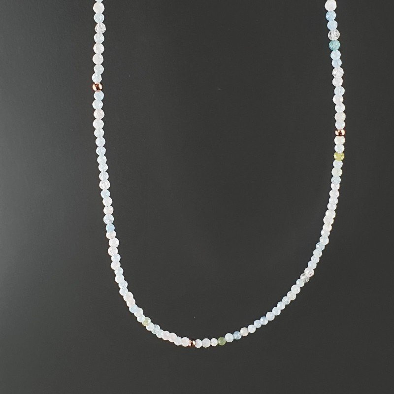 Collana Girocollo Con Acquamarina Morganite Multi Tondo Sfaccettato Diamond Cut 2mm E Chiusura In Argento 925-Oro Rosa