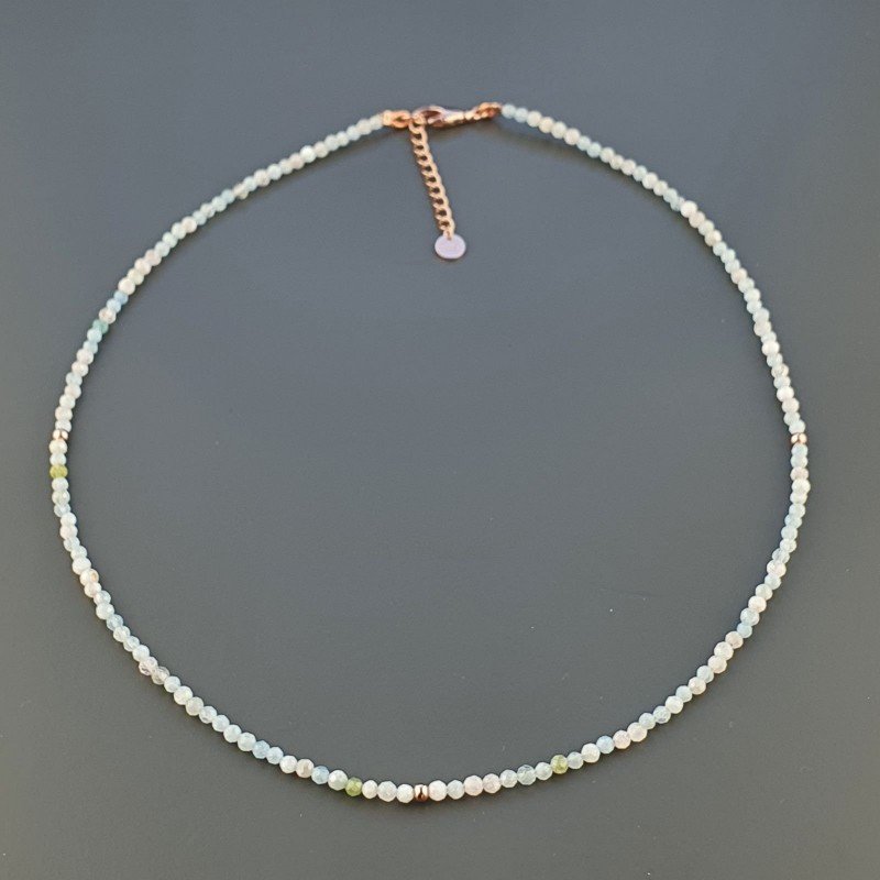 Collana Girocollo Con Acquamarina Morganite Multi Tondo Sfaccettato Diamond Cut 2mm E Chiusura In Argento 925-Oro Rosa