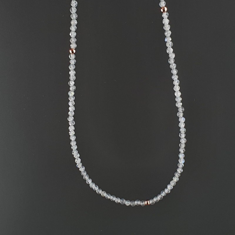 Collana Girocollo Con Labradorite Madagascar Tondo Sfaccettato Diamond Cut 2mm E Chiusura In Argento 925-Oro Rosa