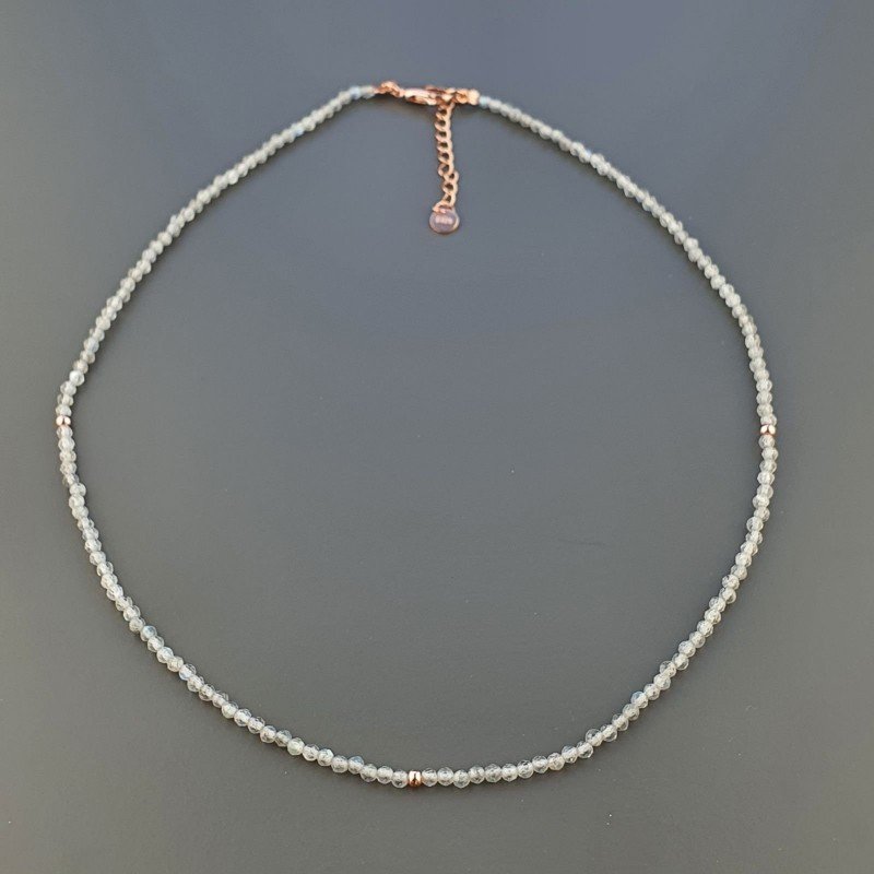 Collana Girocollo Con Labradorite Madagascar Tondo Sfaccettato Diamond Cut 2mm E Chiusura In Argento 925-Oro Rosa