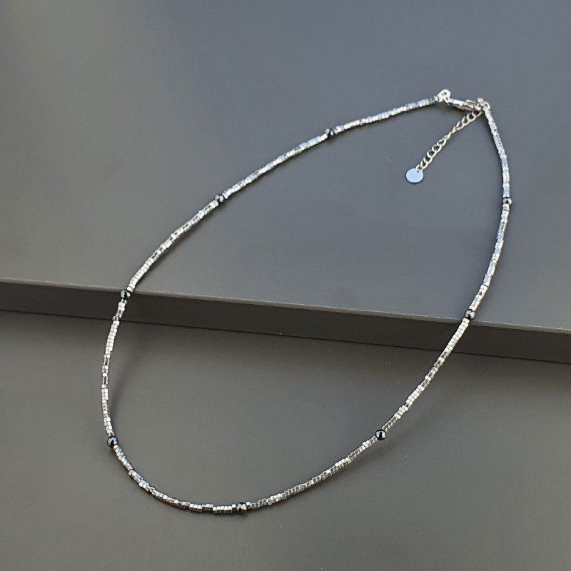 Collana Girocollo Con Ematite Argento Forma Esagonale Sfaccettato E Chiusura In Argento 925-Rodiato