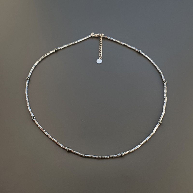 Collana Girocollo Con Ematite Argento Forma Esagonale Sfaccettato E Chiusura In Argento 925-Rodiato
