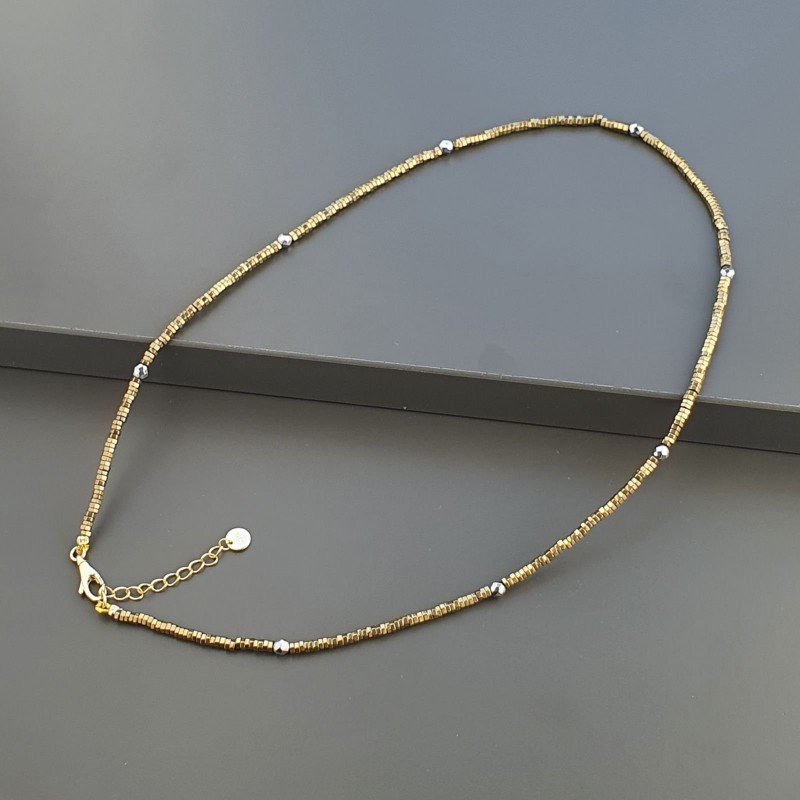 Collana Girocollo Con Ematite Dorato Forma Esagonale Sfaccettato E Chiusura In Argento 925-Dorato