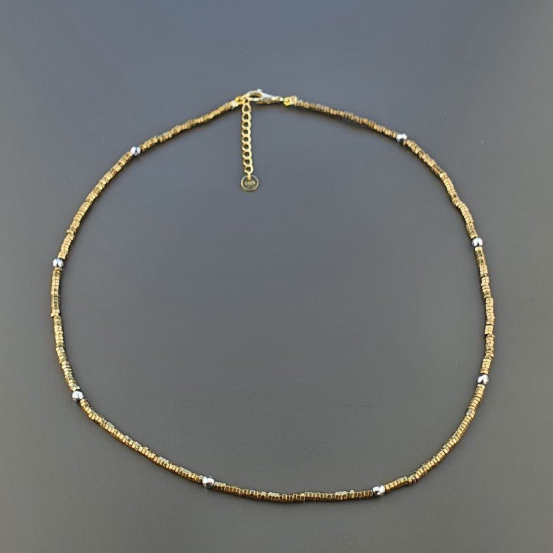 Collana Girocollo Con Ematite Dorato Forma Esagonale Sfaccettato E Chiusura In Argento 925-Dorato
