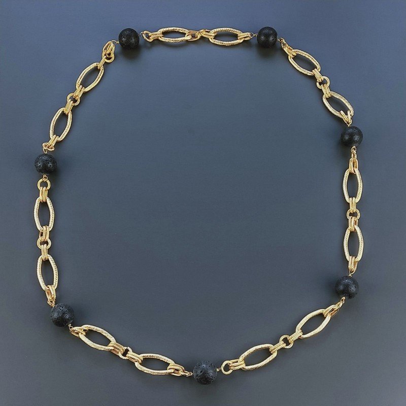 Collana In Catena Aluminio A Nodo Orafo Dorato Con Pietre Lavica Tondo 1pz