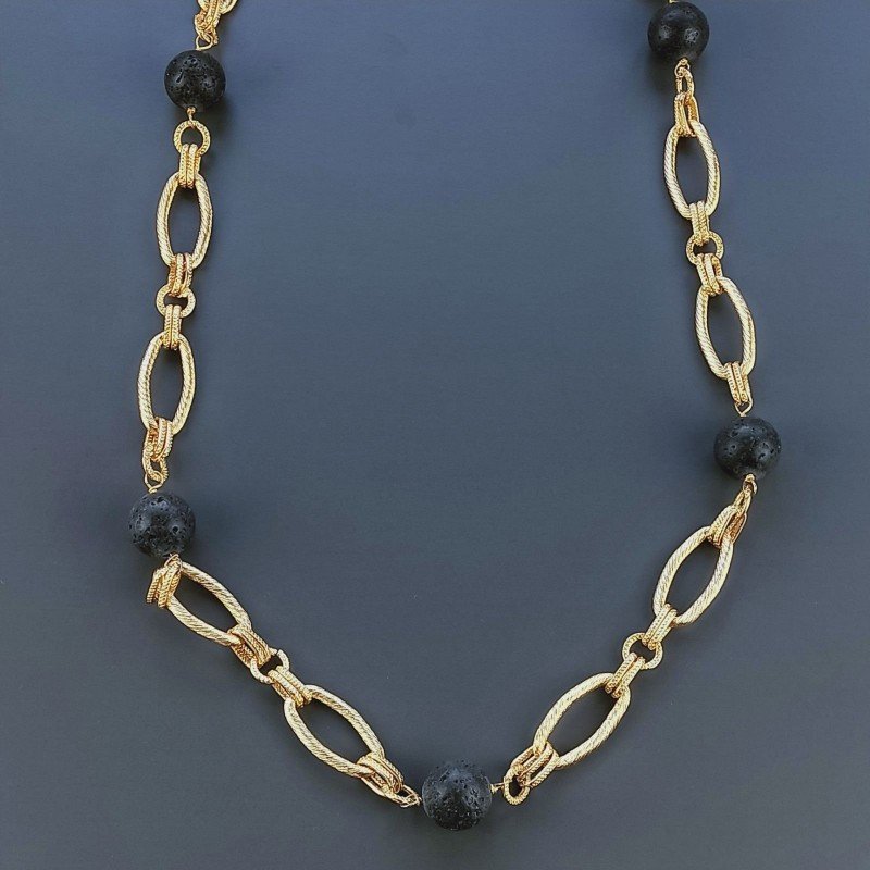 Collana In Catena Aluminio A Nodo Orafo Dorato Con Pietre Lavica Tondo 1pz