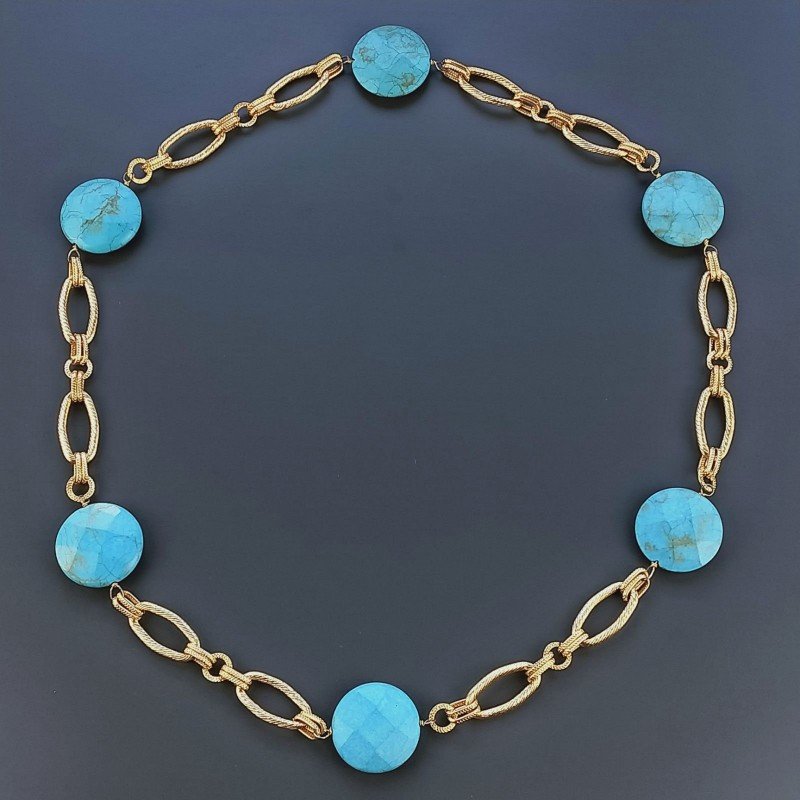 Collana In Catena Aluminio A Nodo Orafo Dorato Con Pasta Di Turchese Tondo Piatto Sfaccettato 1pz