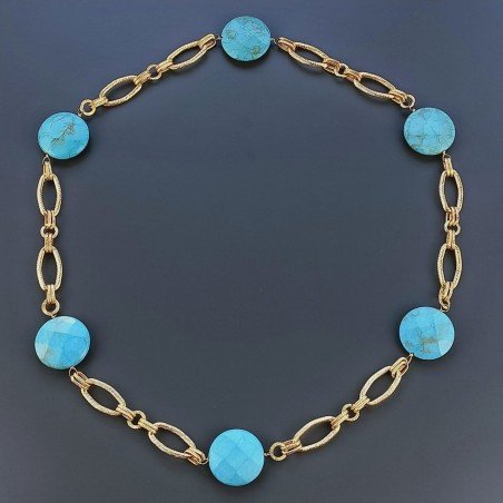 Collana In Catena Aluminio A Nodo Orafo Dorato Con Pasta Di Turchese Tondo Piatto Sfaccettato 1pz