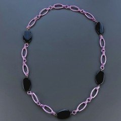 Collana In Catena Aluminio A Nodo Orafo Viola Con Onice Nera Ovale Piatto Liscio 1pz