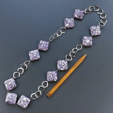 Collana In Catena Ottone A Nodo Orafo Argentato Con Aulite Viola Quadrato Piatto Liscio 1pz