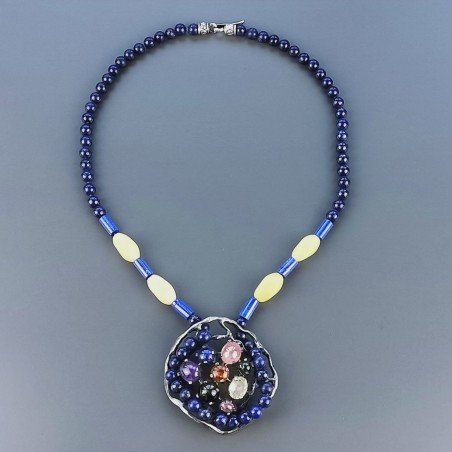 Collana Girocollo Con Pietre Dure Centrale Argento 925 Incastonato Tormalina,Lapis Lazuli E Giada Oliva 1pz