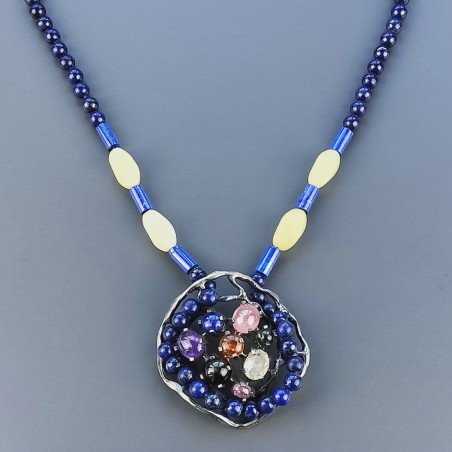 Collana Girocollo Con Pietre Dure Centrale Argento 925 Incastonato Tormalina,Lapis Lazuli E Giada Oliva 1pz