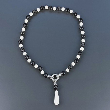Collana Girocollo Con Pietre Dure Quarzo Fume E Agata Bianca Annodate A Mano E Chiusura Ciambella Zircone In Ottone 1pz