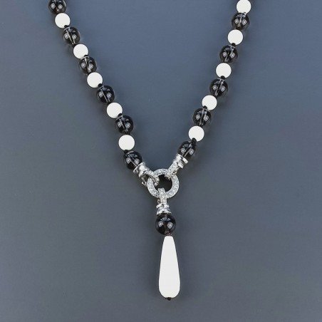 Collana Girocollo Con Pietre Dure Quarzo Fume E Agata Bianca Annodate A Mano E Chiusura Ciambella Zircone In Ottone 1pz