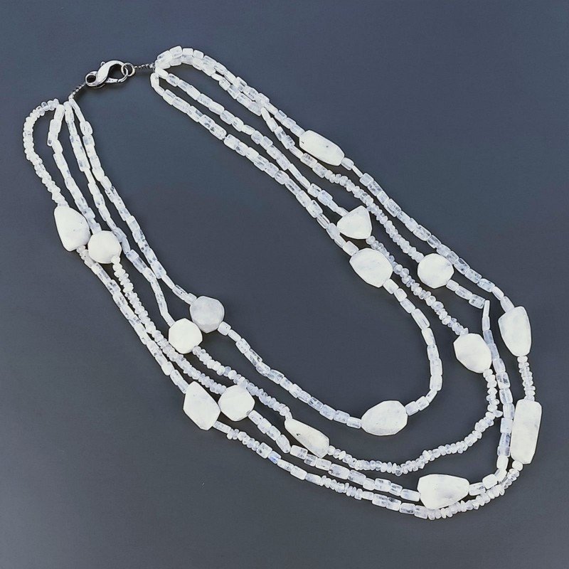 Collana Girocollo Con Pietra Dure Labradorite Bianca Sfaccettato A 4 Fili E Chiusura In Argento 925 1pz