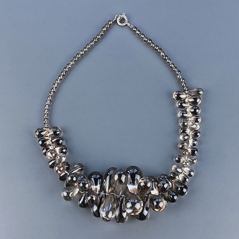 Collana Girocollo Con Pietra Dure Quarzo Fume Goccia Liscio A Mano E Chiusura In Argento 925 1pz