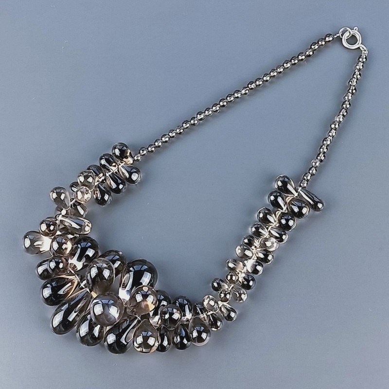 Collana Girocollo Con Pietra Dure Quarzo Fume Goccia Liscio A Mano E Chiusura In Argento 925 1pz