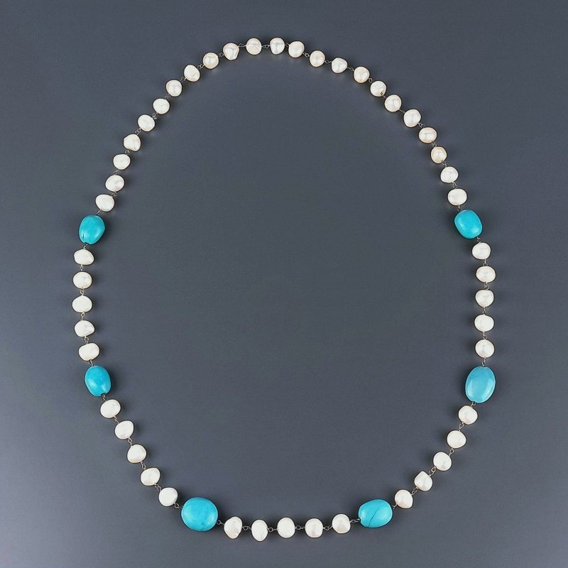 Collana A Nodo Orafo Dorato Con Perle Di Fiume E Turchese Stabilizato Sasso Lisco