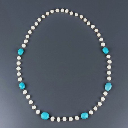 Collana A Nodo Orafo Dorato Con Perle Di Fiume E Turchese Stabilizato Sasso Lisco