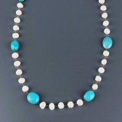 Collana A Nodo Orafo Dorato Con Perle Di Fiume E Turchese Stabilizato Sasso  Lisco