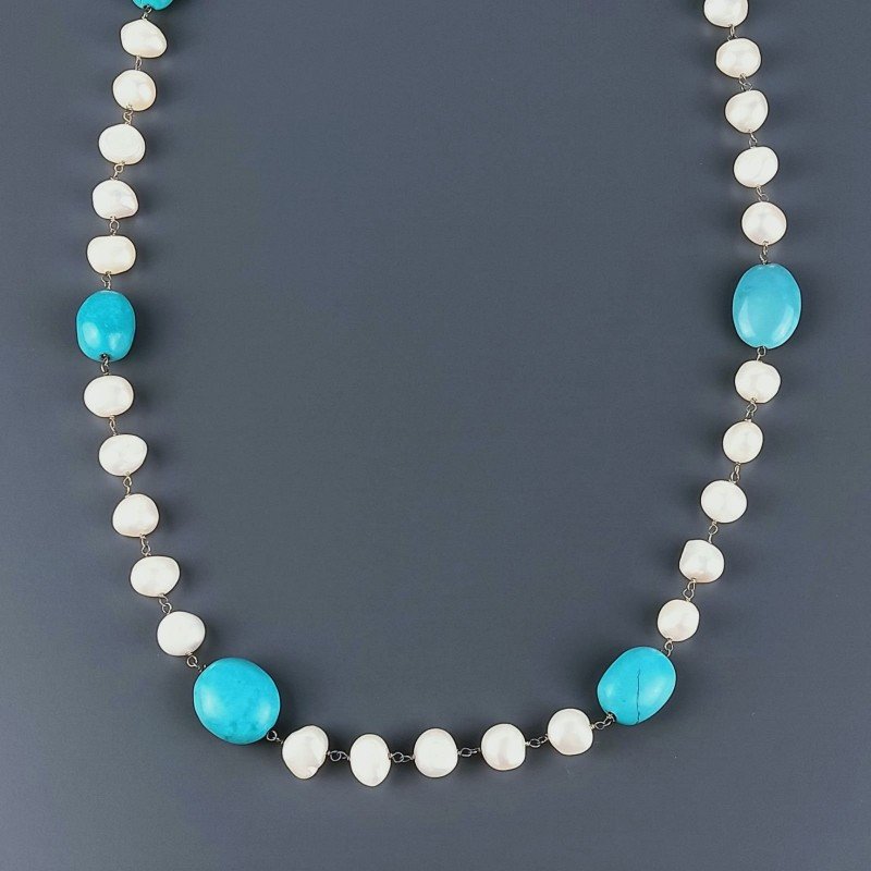 Collana A Nodo Orafo Dorato Con Perle Di Fiume E Turchese Stabilizato Sasso  Lisco