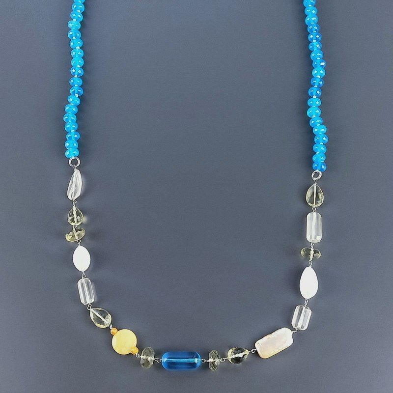 Collana A Nodo Orafo Rodiato Pietre Dure Con Quarzo Limone,Giada Turchese E Perle Di Fiume Sfaccettato Annodato A Mano Collana A Nodo Orafo Rodiato Pietre Dure Con Quarzo Limone,Giada Turchese E Perle Di Fiume Sfaccettato Annodato A Mano