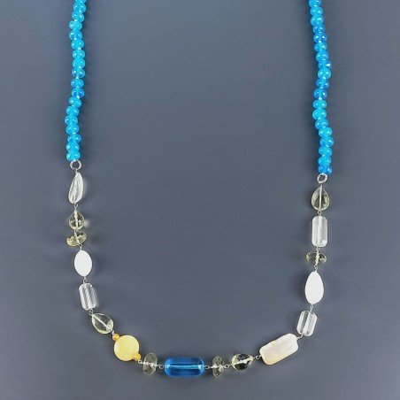 Collana A Nodo Orafo Rodiato Pietre Dure Con Quarzo Limone,Giada Turchese E Perle Di Fiume Sfaccettato Annodato A Mano