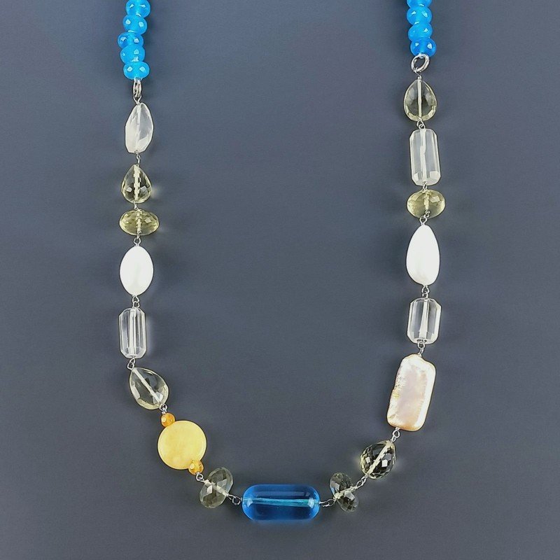 Collana A Nodo Orafo Rodiato Pietre Dure Con Quarzo Limone,Giada Turchese E Perle Di Fiume Sfaccettato Annodato A Mano Collana A Nodo Orafo Rodiato Pietre Dure Con Quarzo Limone,Giada Turchese E Perle Di Fiume Sfaccettato Annodato A Mano