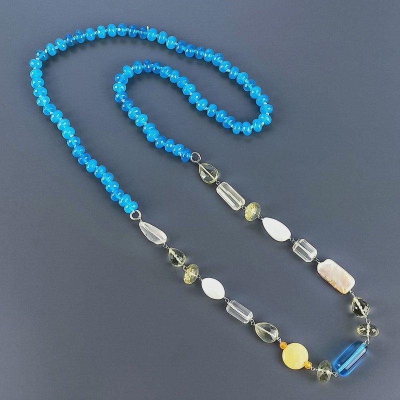 Collana A Nodo Orafo Rodiato Pietre Dure Con Quarzo Limone,Giada Turchese E Perle Di Fiume Sfaccettato Annodato A Mano Collana A Nodo Orafo Rodiato Pietre Dure Con Quarzo Limone,Giada Turchese E Perle Di Fiume Sfaccettato Annodato A Mano