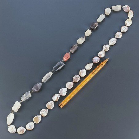 Collana A Nodo Orafo Dorato Pietre Dure Con Perle Di Fiume E Pietra Di Luna Sassi Sfaccettato Annodato A Mano